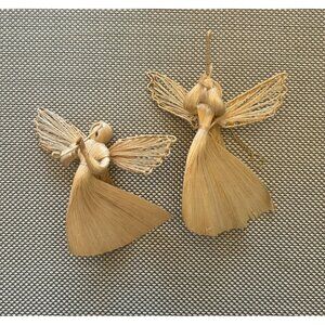 Vintage Corn Husk Angels Horn Christmas Ornaments Set of 2